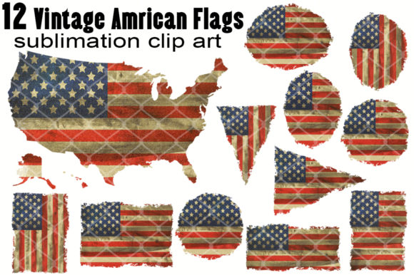 12 Vintage Retro US Flag Sublimation Graphics for Crafts